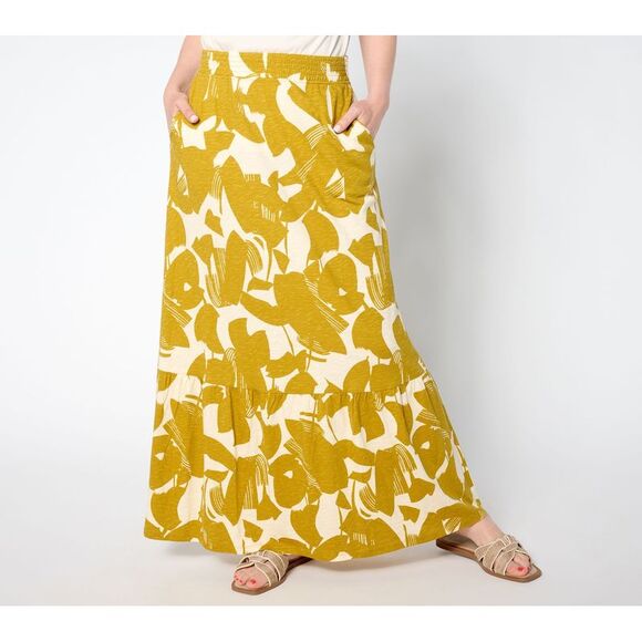 Denim & Co. Women's Plus Sz Skirt 1X Regular Slub Jersey Smocked Yellow A654066 - Picture 1 of 4